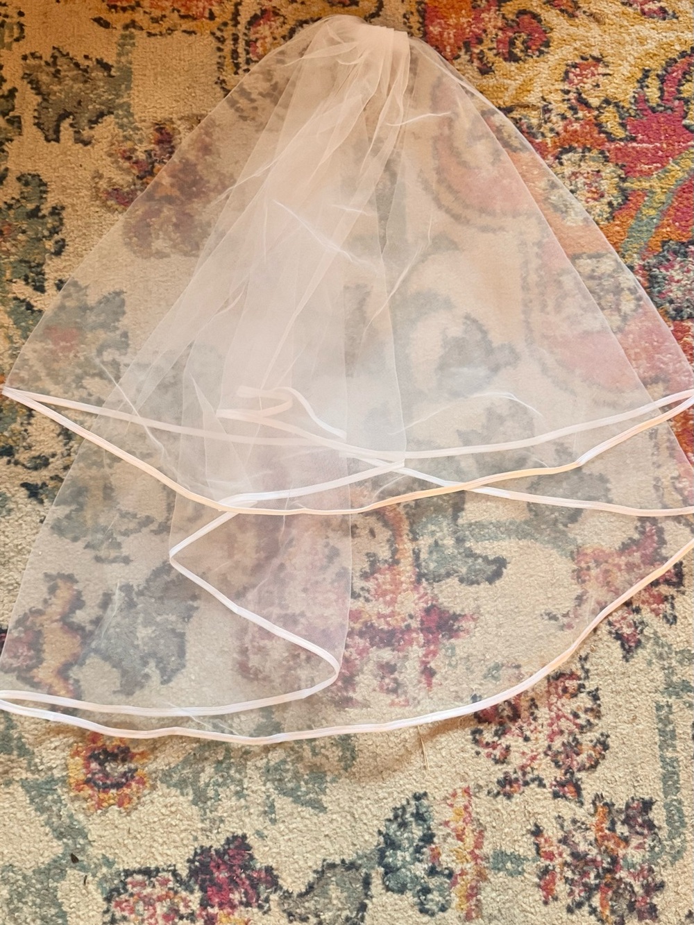 Sheer Two-Tier Bridal Veil with Pink Trim